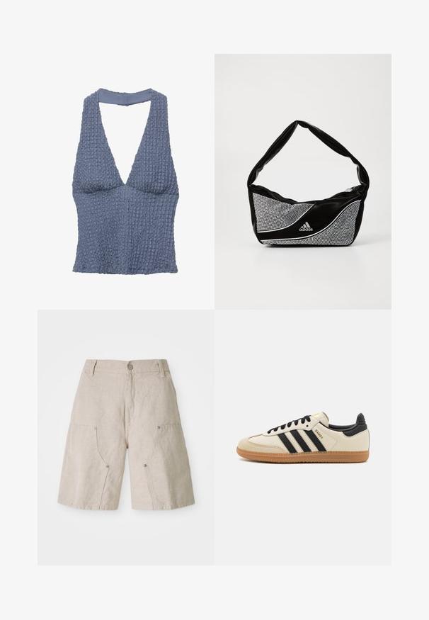 Sininen rakenteellinen toppi syvällä V-päällä ja leveillä olkaimilla, valmistettu kudotusta kankaasta, jolla on hieman rypistyneen näköinen pinta.; Lyhyet beigewashed-linokankaiset housut löysällä leikkauksella, joissa on kaksi etutaskua ja pyöreät metallikoristeet. Rentoa muotoilua, jossa on teksturoitu pinta.; Beige urheilukenkä mustilla raidoilla, kumipohjalla ja mustilla yksityiskohdilla. Ominaisuuksiin kuuluu sileä nahkainen päällinen ja pyöristetty kärjen muoto.; Musta ja hopea adidas käsilaukku, jossa on sileä pinta, kiiltävä niittikuosi ja erottuva kaareva muotoilu.