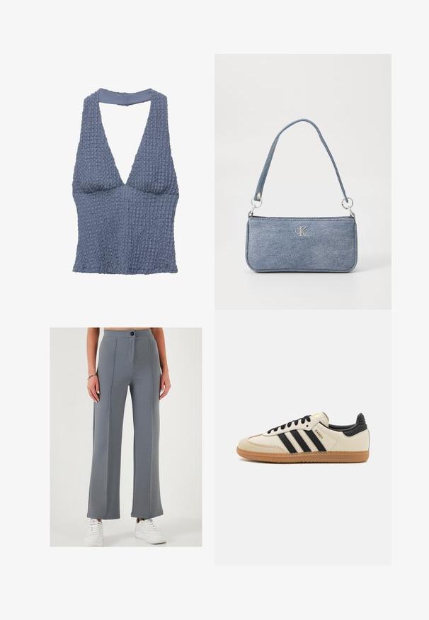 Crop top texturé bleu avec un décolleté en V profond et des bretelles larges, fabriqué à partir d'un tissu tissé ayant une apparence légèrement froissée.; Pantalons gris à jambes larges en tissu texturé, dotés d'une fermeture à bouton sur le devant et de détails en panneaux cousus, associés à des baskets blanches.; Baskets de sport beiges avec des rayures noires, semelle en caoutchouc gomme et accents noirs. Elles présentent un dessus en cuir lisse et un design de bout arrondi.; Sac en denim de couleur bleu clair, de forme rectangulaire, avec une seule bandoulière et des éléments en argent. Présente un logo CK bien visible à l'avant.