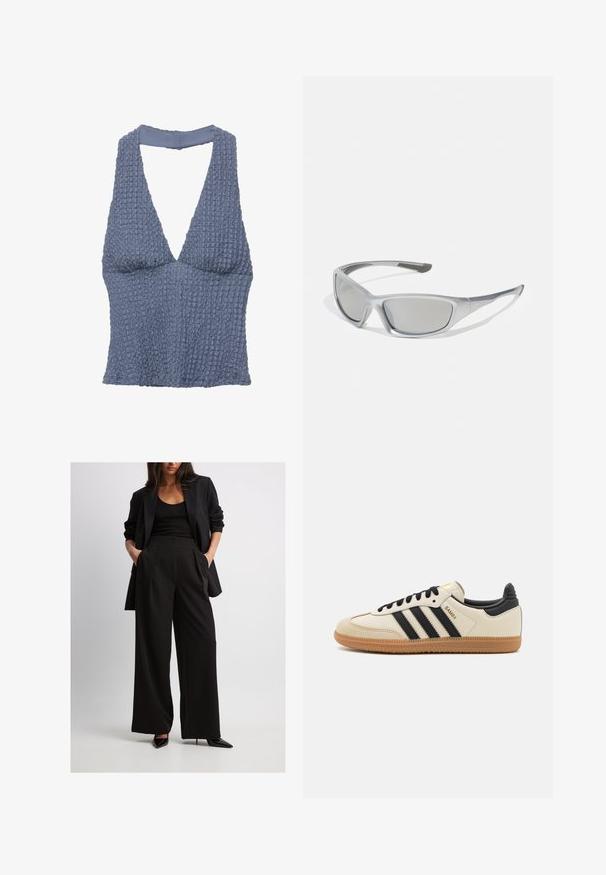Modrý textúrovaný crop top s hlbokým výstrihom do V a širokými ramienkami, vyrobený z tkaniny s mierne zvrásneným vzhľadom.; Čierny prispôsobený blazer v kombinácii s širokými čiernymi nohavicami s plisovaním a bočnými vreckami. Model má na sebe čierne špicaté lodičky.; Béžová športová obuv s čiernymi pruhmi, gumovou podošvou a čiernymi akcentami. Má hladký kožený zvršok a zaoblený dizajn prstov.; Sivé slnečné okuliare so štíhlým, ľahkým plastovým rámom. Obsahujú tónované sivé šošovky a textúrované bočné detaily pre lepšiu priľnavosť.; Čierna a strieborná taška adidas s hladkým povrchom, s lesklým nitovaným vzorom a výrazným zakriveným dizajnom.