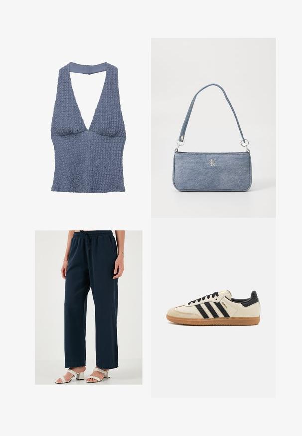Blauw gestructureerd crop-top met een diepe V-hals en brede banden, gemaakt van een geweven stof met een licht gekreukt uiterlijk.; Donkerblauwe wijduitlopende broek met een elastische tailleband en koord. Zachte stof met een ontspannen pasvorm en rafelige zoom. Gepaard met witte haksandalen.; Beige sportieve schoen met zwarte strepen, gumrubberen zool en zwarte accenten. Beschikt over een gladleren bovenkant en een ronde neusdesign.; Denim handtas in lichtblauw, rechthoekige vorm, met een enkele schouderband en zilveren hardware. Voorzien van een opvallend CK-logo aan de voorkant.