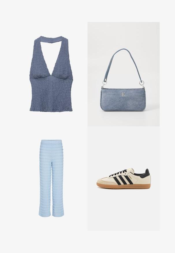 Modrý texturovaný crop top s hlubokým výstřihem do V a širokými ramínky, vyrobený z tkaniny s mírně pomačkaným vzhledem.; Svetle modré texturované kalhoty mají horizontální pruhovaný vzor, elastický pas a volný střih s rovnými nohavicemi. Jsou vyrobeny z jemného materiálu.; Beige sportovní obuv s černými pruhy, gumovou podešví a černými akcenty. Disponuje hladkým koženým svrškem a zaobleným tvarem špičky.; Džínová kabelka ve světle modré barvě, obdélníkového tvaru, s jedním popruhem a stříbrnými kovovými prvky. Na přední straně se nachází výrazné logo CK.