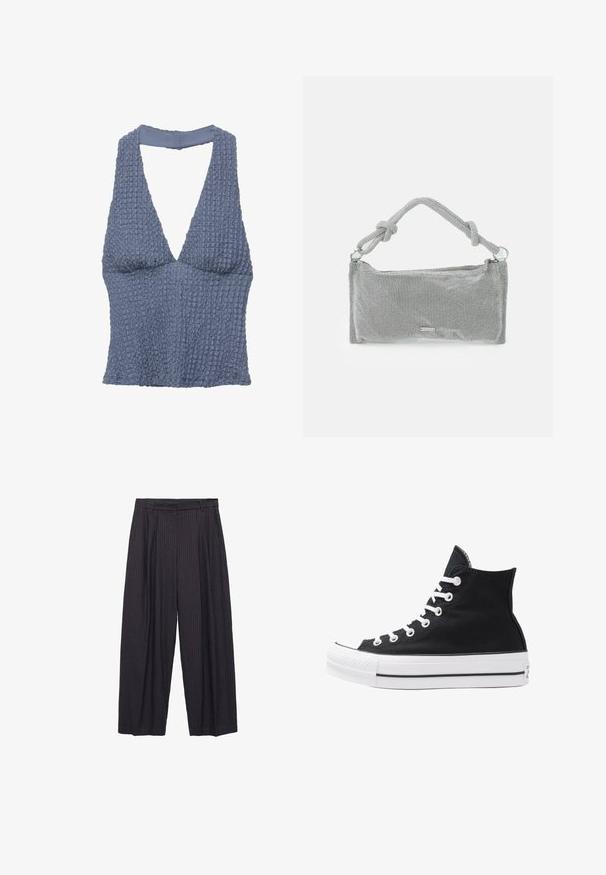 Blauw gestructureerd crop-top met een diepe V-hals en brede banden, gemaakt van een geweven stof met een licht gekreukt uiterlijk.; Wijdvallende broek in donker marineblauw stof met subtiele verticale strepen, voorzien van een knoopsluiting en een gestructureerde tailleband.; Hoge zwarte canvas sneaker met witte oogjes, veters en rubberen zool. Beschikt over een gestructureerde neuskap en zwart-witte streepaccenten.; Zilveren mesh handtas met een geknoopte handgreep, rechthoekige vorm, gestructureerd oppervlak en ritsluiting. Eenvoudig, modern ontwerp met minimale accenten.