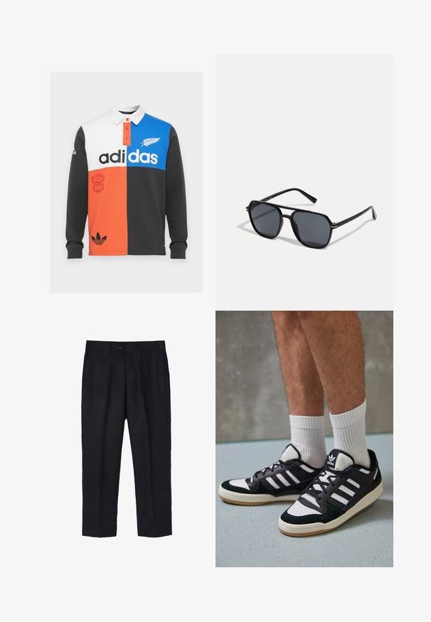 Langärmliges Polohemd mit Farbblockierung in Schwarz, Weiß, Orange und Blau, mit Kragen, Knopfleiste und auffälligem Adidas-Logo.; Schwarze Leinenhose mit taillierter Passform, ausgestattet mit einem einzelnen Frontknopf, Falten und geradem Bein. Glatte Textur mit leichtem Finish.; Schwarz-weiße Sneaker mit einem Obermaterial aus Wildleder und Leder, ausgestattet mit drei weißen Streifen, einer perforierten Zehenpartie und einer Sohle aus Gummi.; Schwarze Sonnenbrille mit achteckigem Rahmen, dunklen Gläsern, glänzender Oberfläche, dünnen Bügeln und goldenen Akzenten auf der Vorderseite.; Fünf silberne Ringe: einer mit einem schwarzen kreisförmigen Detail, einer mit einem weiß-schwarzen geometrischen Muster und andere mit verschiedenen Formen und Oberflächenbehandlungen.