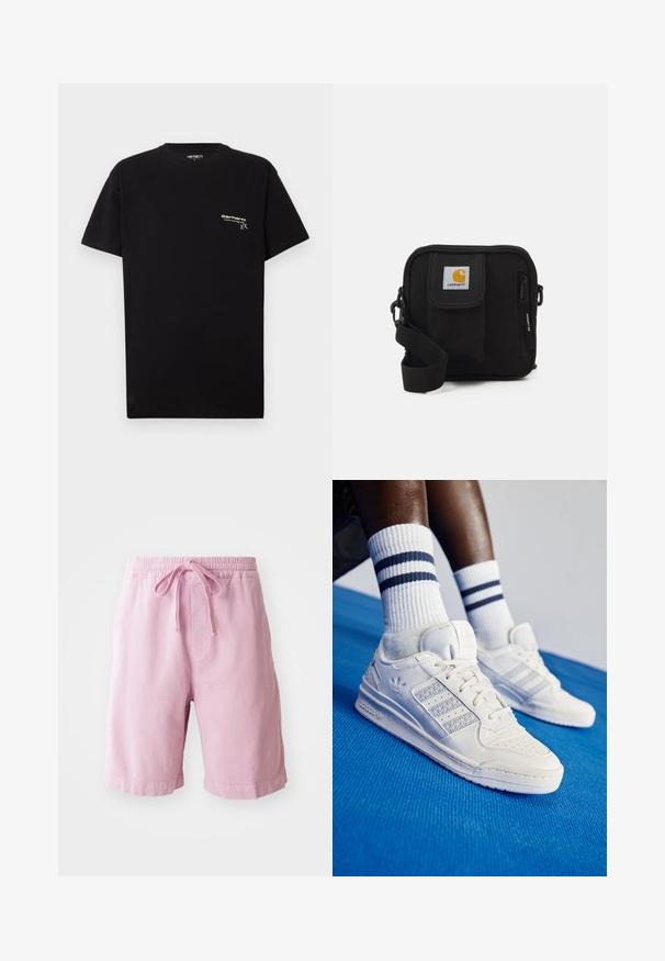 Must vinnane puuvillane T-särk lühikeste varrukatega, ümmarguse kaelusega ja väikese valge logoga vasaku rinnaosa peal.; Kerged roosad puuvillased lühikesed püksid, millel on elastne vöökoht ja nöör, sirged jalgade lõiked ning õmmeldud servade detailid.; Valge nahast jooksujalatsid, millel on perforatsioonidega detailid, kolm metallilist triipu ja tekstureeritud külgpaneel. Kanna valgeid sokke, millel on sinised triibud.; Mustmust kott, millel on lukkudega peamine ruum, esikott, reguleeritav rihm ja nähtav logofirma kleebis kaasel.