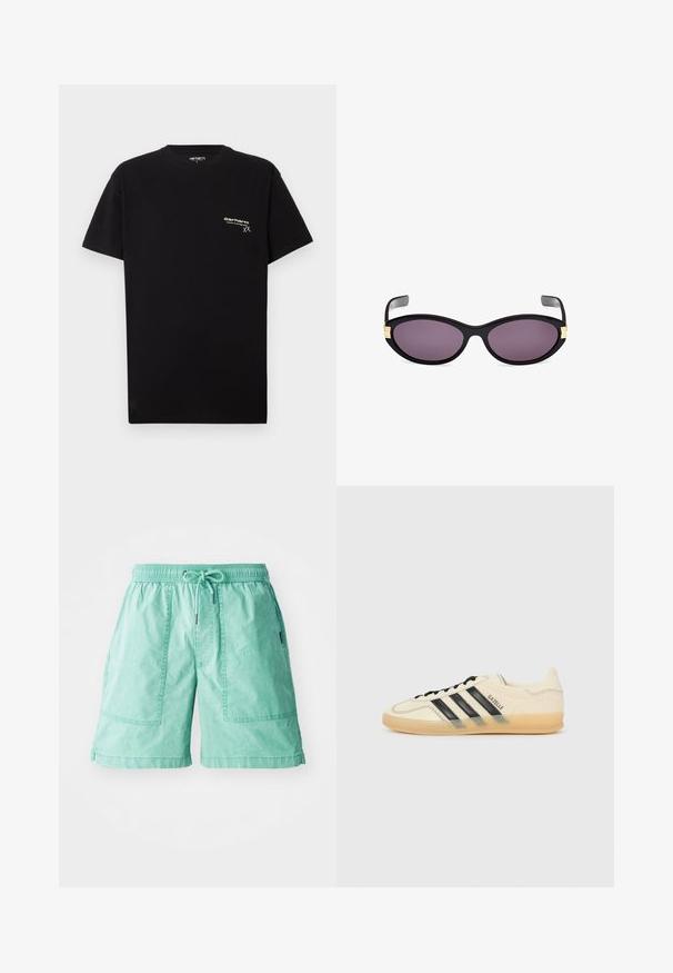 Svart bomullströja med korta ärmar, rund halsringning och en liten vit logotyp tryckt på vänster bröst.; Ljusgrön shorts i lättviktigt material, med elastisk midja, snörning och två sidofickor med sömnadsdetaljer.; Ljust krämfärgad sneaker med svart tre-stripesdesign, strukturerad ovandel, rund tå och gummisula. Har snörning och varumärke på sidan.; Svarta kattöga-solglasögon med lila linser. Har guldaccenter nära tinningarna. Slät plastramar med en glansig finish.