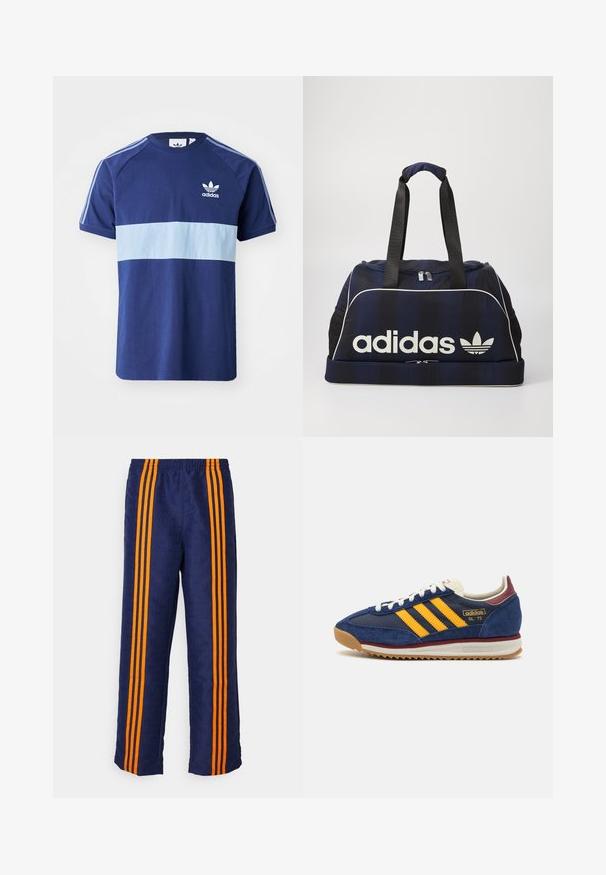 Camiseta azul-marinho com uma faixa horizontal azul-clara, mangas curtas, gola redonda, logótipo da Adidas no peito e riscas contrastantes nos ombros.; Calças azul-marinho com padrão texturizado em toda a peça, apresentando três listras laranja vibrante ao longo de cada lado. Cintura elástica no topo.; Sneaker de camurça azul-marinho com riscas amarelas, atacadores brancos e realces em bordeaux. Sola texturizada com relevos para aderência. Logótipo da marca de lado.; Mala de duffel azul-marinho com o logótipo branco da Adidas, apresentando um topo com fecho, duas alças pretas robustas e bolsos laterais em malha. Textura do tecido suave.