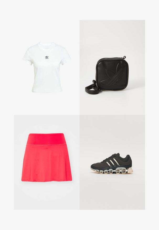 Vit bomullströja med korta ärmar och rundad halsringning. Har en svart Adidas-logga tryckt på bröstet. Enkel, minimal design.; adidas Performance CLUB SKIRT - Sportkjol - semi lucid red; Svart sportskor med en texturerad överdel, tre silverränder och en distinkt stötdämpande sula med flera integrerade sektioner.; Svart fyrkantig crossbody-väska i texturerat syntetmaterial. Har en präglad logodesign och justerbar rem. Dragkedjestängning.