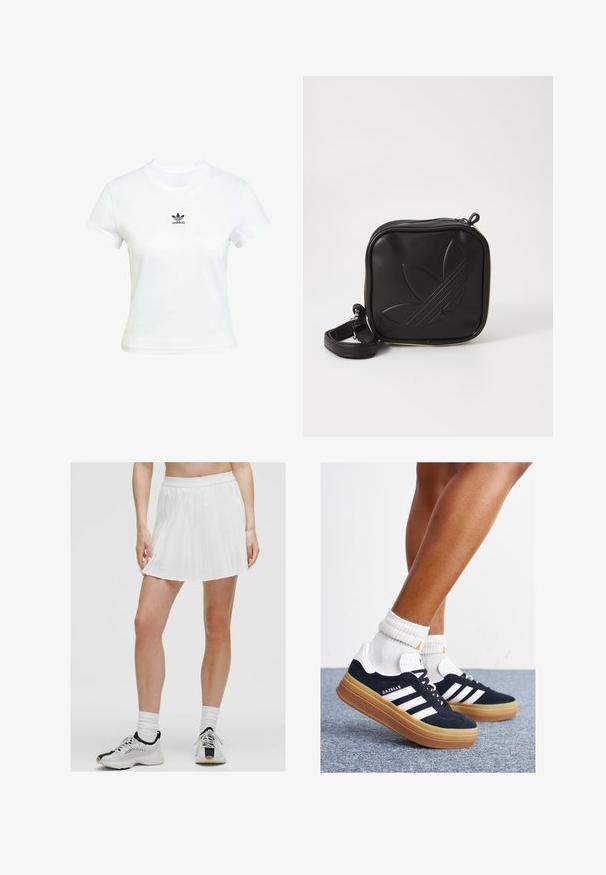 Camiseta blanca de algodón con mangas cortas y cuello redondo. Presenta un logo negro de Adidas impreso en el pecho. Diseño simple y minimalista.; Falda corta blanca con pliegues y una cinturilla ancha, combinada con zapatillas deportivas en blanco y negro. Tejido texturizado con pliegues nítidos.; Zapatillas deportivas de gamuza negra con rayas y detalles blancos, puntera redondeada, suela de goma color caramelo, combinadas con calcetines blancos acanalados a la altura del tobillo.; Bolso cruzado negro hecho de material sintético texturizado. Presenta un diseño de logo en relieve y correa ajustable. Cierre con cremallera.