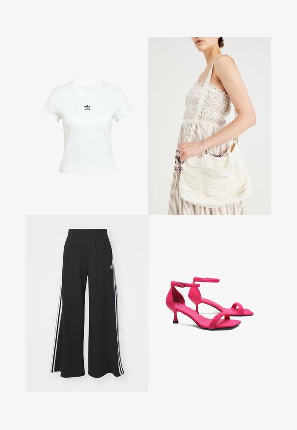 Weißes Baumwoll-T-Shirt mit kurzen Ärmeln und Rundhalsausschnitt. Verfügt über ein schwarzes Adidas-Logo, das auf der Brust gedruckt ist. Einfaches, minimalistisches Design.; Schwarze weite Sweatpants mit elastischem Bund, versehen mit weißen Seitestreifen und einem gestickten Logo auf dem linken Oberschenkel.; Rosa Wildleder High-Heelsandalen mit einem eleganten Design, verstellbarem Knöchelriemen und einer spitzen Zehenform. Verfügt über einen dünnen Absatz und eine glatte Sohle.; Weiße Stoff-Schultertasche mit geraffter Textur, verstellbarem Riemen und silbernen Beschlägen. Nebeneinander mit einem cremefarbenen Kleid präsentiert.