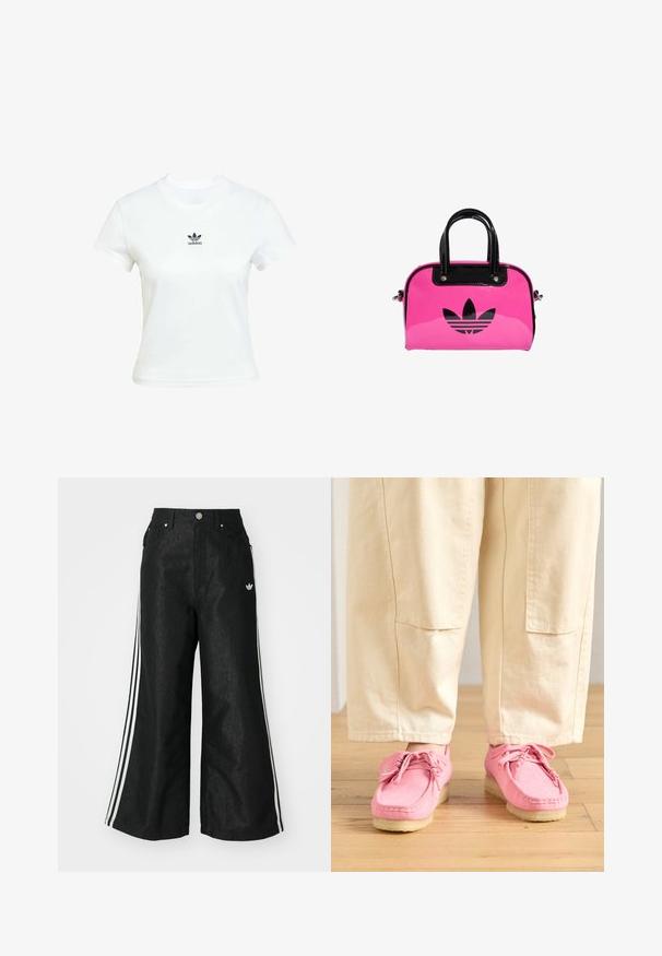 Bílá bavlněná tričko s krátkými rukávy a kulatým výstřihem. Na hrudi se nachází černé logo Adidas. Jednoduchý, minimalistický design.; Černé široké džíny s třemi bílými pruhy po stranách a malým bílým logem. Obsahují přední kapsy a zapínání na knoflík.; Růžové semišové mokasíny se šněrováním, s texturovaným povrchem a světlou béžovou gumovou podrážkou, v kombinaci s béžovými kalhotami.; Růžová lakovaná kabelka s černým logem a uchy, zaoblený tvar a zipové zapínání. Lesklý povrch zvyšuje viditelnost.