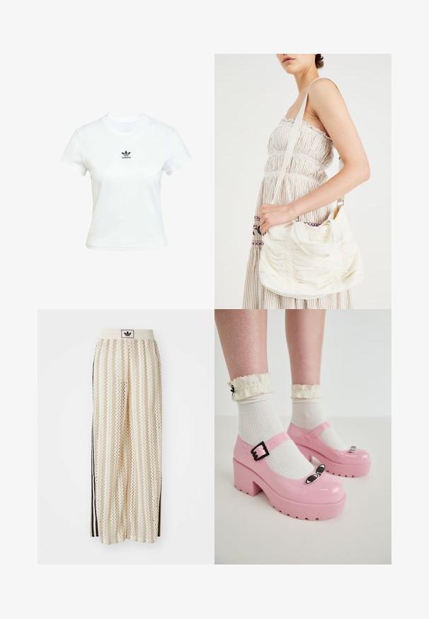 Camiseta blanca de algodón con mangas cortas y cuello redondo. Presenta un logo negro de Adidas impreso en el pecho. Diseño simple y minimalista.; Pantalones de pierna ancha en color crema con un patrón en zigzag, que cuentan con una cinturilla con logo negro y franjas negras en los laterales. Tejido ligero y texturizado.; Zapatos de plataforma de charol rosa con punta redonda, hebilla ajustable y acentos de ojo de gato negros, combinados con calcetines blancos de canalé y bordes con volantes.; Bolso de hombro de tela blanca con textura fruncida, correa ajustable y herrajes plateados. Presentado junto a un vestido color crema.