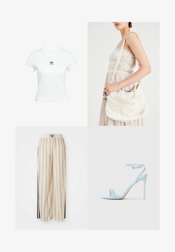 White cotton t-shirt with short sleeves and a crew neckline. Features a black Adidas logo printed on the chest. Simple, minimal design.; Cream-colored wide-leg pants with a zigzag pattern, featuring a black logo waistband and side black stripes. Lightweight, textured fabric.; Light blue stiletto sandal with two front straps and ankle strap, made of smooth patent material, featuring a slim heel and minimal design.; White fabric shoulder bag with gathered texture, adjustable strap, and silver hardware. Displayed alongside a cream-colored dress.