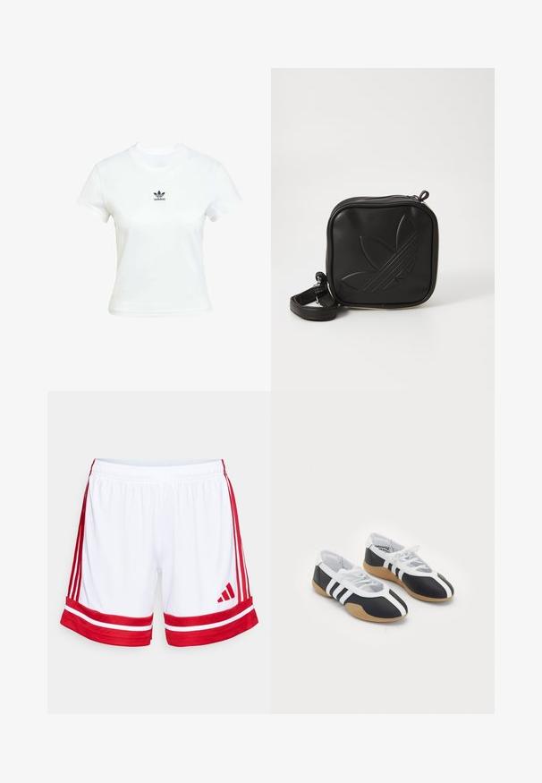 White cotton t-shirt with short sleeves and a crew neckline. Features a black Adidas logo printed on the chest. Simple, minimal design.; White athletic shorts with red side stripes and trim. Features an elastic waistband and the Adidas logo in red on the lower left.; Black and white athletic shoes with a sleek design, rubber sole, lace-up closure, and three white stripes on the sides.; Black square crossbody bag made of textured synthetic material. Features an embossed logo design and adjustable strap. Zipper closure.