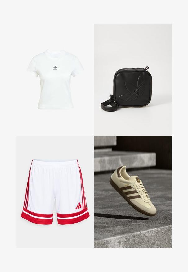 Weißes Baumwoll-T-Shirt mit kurzen Ärmeln und Rundhalsausschnitt. Verfügt über ein schwarzes Adidas-Logo, das auf der Brust gedruckt ist. Einfaches, minimalistisches Design.; Weiße Sportshorts mit roten Seitenstreifen und Besatz. Sie haben einen elastischen Bund und das Adidas-Logo in Rot auf der unteren linken Seite.; Sneaker in Cremefarbe mit braunen Akzenten, strukturierten seitlichen Streifen und glattem Lederfinish. Verfügt über ein Schnürdesign und eine Gummisohle.; Schwarze Umhängetasche aus strukturiertem synthetischem Material. Verfügt über ein eingeprägtes Logodesign und einen verstellbaren Riemen. Mit Reißverschluss geschlossen.