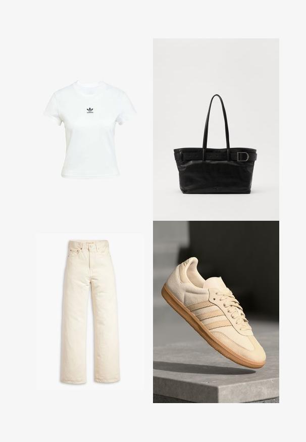 Bjela pamučna majica kratkih rukava s okruglim izrezom. Ima crni Adidas logo otisnut na prsima. Jednostavan, minimalistički dizajn.; Bež traperice širokih nogavica od pamučnog denima. Karakteristike uključuju visoki struk, zatvaranje na dugme i dizajn s pet džepova. Glatka, izdržljiva tekstura.; Svijetlosmeđi nubuk tenisice s gumenim potplatom, tri dijagonalne pruge i teksturirani vrh. Sadrži logo na jeziku i bočnoj strani.; Crna kožna torba s dva dugačka remena, glatke teksture i širokim remenom s detaljem kopče na vrhu.