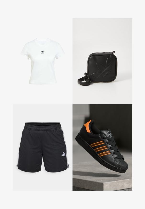Weißes Baumwoll-T-Shirt mit kurzen Ärmeln und Rundhalsausschnitt. Verfügt über ein schwarzes Adidas-Logo, das auf der Brust gedruckt ist. Einfaches, minimalistisches Design.; Schwarze Sportshorts aus leichtem, glattem Material. Mit weißen Seitenschutzstreifen und einem kleinen silbernen Logo auf der unteren linken Seite. Elastischer Bund.; Schwarze Sneaker mit orangen Akzenten, drei horizontalen Streifen, strukturiertem Lederobermaterial, Gummikappe und schwarzen Schnürsenkeln.; Schwarze Umhängetasche aus strukturiertem synthetischem Material. Verfügt über ein eingeprägtes Logodesign und einen verstellbaren Riemen. Mit Reißverschluss geschlossen.