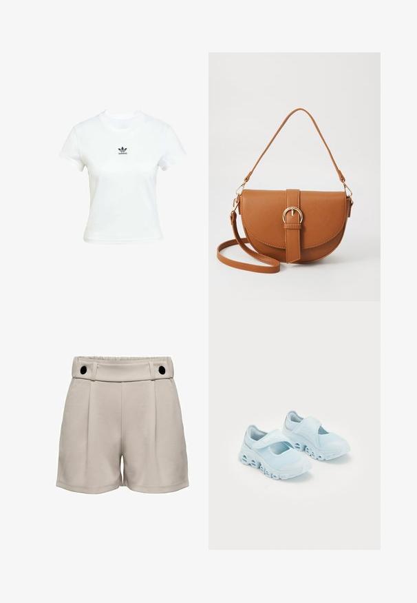 Witte katoenen T-shirt met korte mouwen en een ronde hals. Voorzien van een zwart Adidas-logo op de borst. Eenvoudig, minimalistisch ontwerp.; Lichtbeige shorts met een hoge taille, geplooide voorkant en twee zwarte knopen op de tailleband. Zachte textuur en casual ontwerp.; Lichtblauwe sneakers met mesh-stof, opvallende uitsparingen in de zool en een klittenbandsluiting bovenop voor een stevige pasvorm.; Bruine leren schoudertas met een gebogen vorm, gouden hardware en een gespaccent. Bevat een afneembare schouderriem.