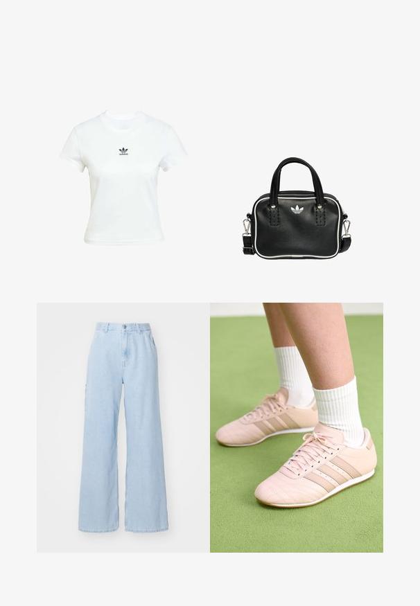 Bjela pamučna majica kratkih rukava s okruglim izrezom. Ima crni Adidas logo otisnut na prsima. Jednostavan, minimalistički dizajn.; Svijetloplave široke traperice izrađene od denima, s prednjim džepovima, petljama za remen i zakovicom. Ravna tekstura i čista završna obrada.; Svijetloružičaste atletske tenisice s dijagonalnim šavovima, bijelim potplatima i tri bočne pruge. Nanosene s rebrastim bijelim čarapama na zelenoj površini.; Crna kožna torba s dva kratka ručka, srebrnim detaljima, bijelim naglascima i bijelim logotipom. Ima teksturiranu površinu i kompaktni dizajn.