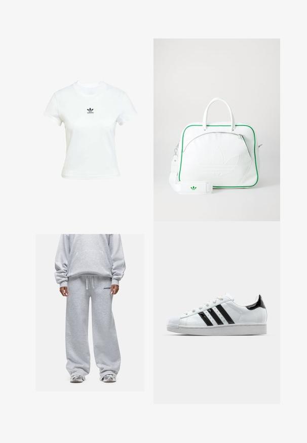 Witte katoenen T-shirt met korte mouwen en een ronde hals. Voorzien van een zwart Adidas-logo op de borst. Eenvoudig, minimalistisch ontwerp.; Grijze sweatshirt met een losse pasvorm en oversized mouwen, gecombineerd met bijpassende wijde sweatpants. Beide hebben een zachte textuur en minimale logo-details.; Witte sneaker met zwarte gepatineerde accenten, drie zwarte strepen en een rubberen neuzenkap. Voorzien van witte veters en een gladde bovenkant.; Witte leren tas met groene accenten, voorzien van een opvallend reliëflogo, dubbele handvatten, een afneembare schouderriem en een ritsvak aan de voorkant.