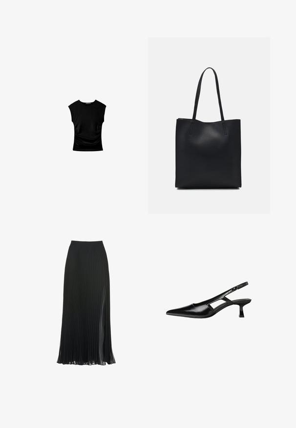 Črn kratkotrajni top s prilegajočo silhueto, ki se ponaša z nabranimi stranskimi detajli in gladkim, raztegljivim materialom za udobje.; Črna maxi krila s plisiranim dizajnom, prilegajočim se pasom, prosojno teksturo in stranskim razporkom za dodatno gibanje in tok.; Črne patentični usnjeni salonarji s slingback designom, z zašiljenim nosom, izrezanim stranskim dizajnom in majhnim kvadratnim peto. Gladka tekstura z minimalnimi detajli.; Črna usnjena torba s svilnato teksturo, pravokotne oblike in dvema dolgima ročajema. Brez vidnih metalnih delov ali okrasnih elementov.