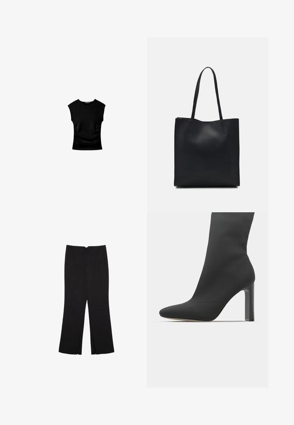 Czarny top z krótkim rękawem o dopasowanym kroju, z marszczonymi detalami po bokach oraz gładkim, elastycznym materiałem dla komfortu.; Czarne spodnie o prostym kroju, z przednimi kieszeniami i bocznymi rozcięciami na dole. Wykonane z miękkiego, gładkiego materiału. Odpowiednie na różne okazje.; Czarne botki na szpilce do kostki o eleganckim, przypominającym skarpetę fasonie, z ostrym noskiem, gładkiego materiału i kwadratowym obcasie. Minimalistyczna estetyka.; Czarna skórzana torba tote o gładkiej fakturze, prostokątnym kształcie i dwóch długich uchwytach. Brak widocznych elementów metalowych i ozdób.