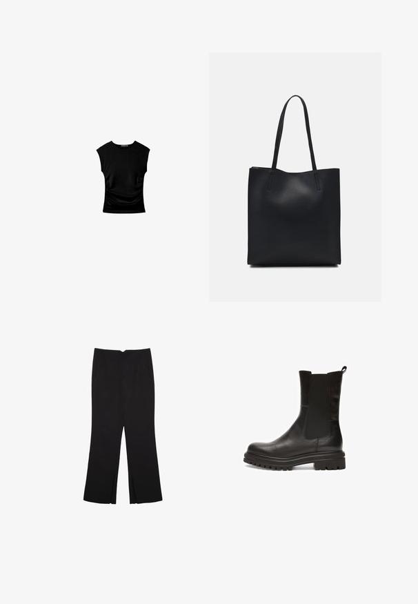 Czarny top z krótkim rękawem o dopasowanym kroju, z marszczonymi detalami po bokach oraz gładkim, elastycznym materiałem dla komfortu.; Czarne spodnie o prostym kroju, z przednimi kieszeniami i bocznymi rozcięciami na dole. Wykonane z miękkiego, gładkiego materiału. Odpowiednie na różne okazje.; Czarne skórzane botki za kostkę z elastycznymi panelami bocznymi, okrągłym czubkiem i grubą, teksturowaną gumową podeszwą z głębokim bieżnikiem zapewniającym przyczepność.; Czarna skórzana torba tote o gładkiej fakturze, prostokątnym kształcie i dwóch długich uchwytach. Brak widocznych elementów metalowych i ozdób.