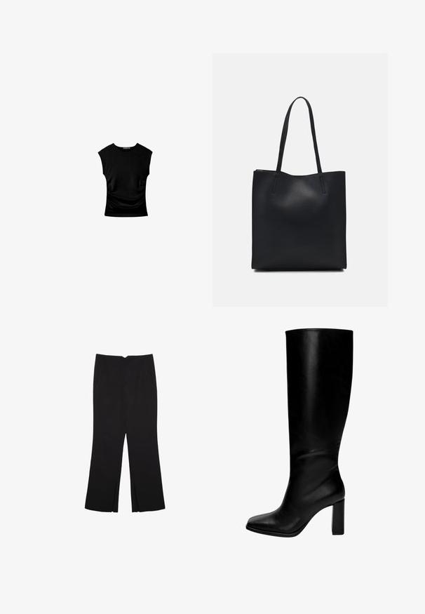 Top corto nero a maniche corte con una silhouette aderente, caratterizzato da dettagli arricciati ai lati e un tessuto liscio e elasticizzato per il comfort.; Pantaloni neri a gamba dritta, con tasche frontali e spacchi laterali all'orlo. Realizzati in tessuto morbido e liscio. Adatti a diverse occasioni.; Stivali in pelle neri al ginocchio con punta quadrata e tacco spesso. Texture liscia, design aderente e senza hardware o motivi visibili.; Borsa tote in pelle nera con texture liscia, forma rettangolare e due manici lunghi. Nessun hardware o decorazione visibile.