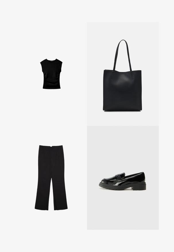 Črn kratkotrajni top s prilegajočo silhueto, ki se ponaša z nabranimi stranskimi detajli in gladkim, raztegljivim materialom za udobje.; Črne hlače ravnega kroja z naglavnimi žepi in stranskimi razporki na robu. Narejene iz mehke, gladke tkanine. Primerne za različne priložnosti.; Črne lakirane usnjene loaferje z debelim črnim gumijastim podplatom, ki imajo šivano zgornjo in gladko, sijočo površino.; Črna usnjena torba s svilnato teksturo, pravokotne oblike in dvema dolgima ročajema. Brez vidnih metalnih delov ali okrasnih elementov.