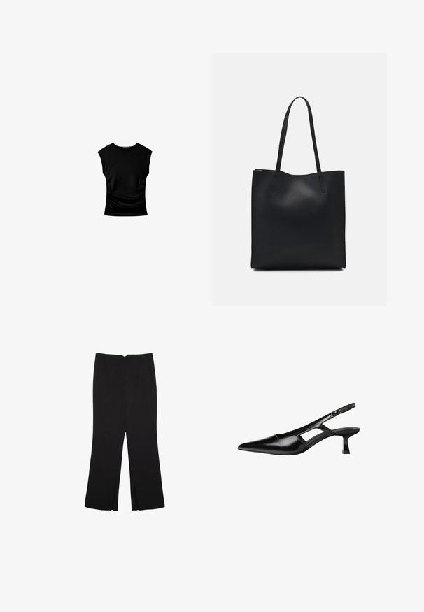 Haut noir à manches courtes avec une silhouette ajustée, présentant des détails froncés sur les côtés et un tissu lisse et extensible pour le confort.; Pantalon noir avec une coupe droite, doté de poches avant et d'éclairs sur l'ourlet. Fabriqué en tissu doux et lisse. Convient à diverses occasions.; Escarpins slingback en cuir verni noir avec un bout pointu, un design découpé sur les côtés et un petit talon carré. Texture lisse avec des accents minimaux.; Sac fourre-tout en cuir noir avec une texture lisse, de forme rectangulaire et deux longues poignées. Pas de matériel ou d'ornementations visibles.