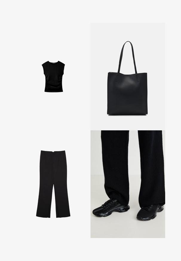 Crna majica kratkih rukava s uskim krojem, s nabranim bočnim detaljima i glatkim, rastezljivim materijalom za udobnost.; Crne hlače ravnog kroja, s prednjim džepovima i bočnim prorezima na rubu. Izrađene od mekog i glatkog materijala. Pogodne za razne prigode.; Crni tenisice s teksturiranim pletenim gornjištem, elegantnog oblika i sjajnim crnim potplatom, s suptilnim reflektirajućim detaljima i dizajnom vezanja.; Crna kožna torba za nošenje s glatkom teksturom, pravokutnim oblikom i dvije duge ručke. Nema vidljivih metalnih dijelova ili ukrasa.