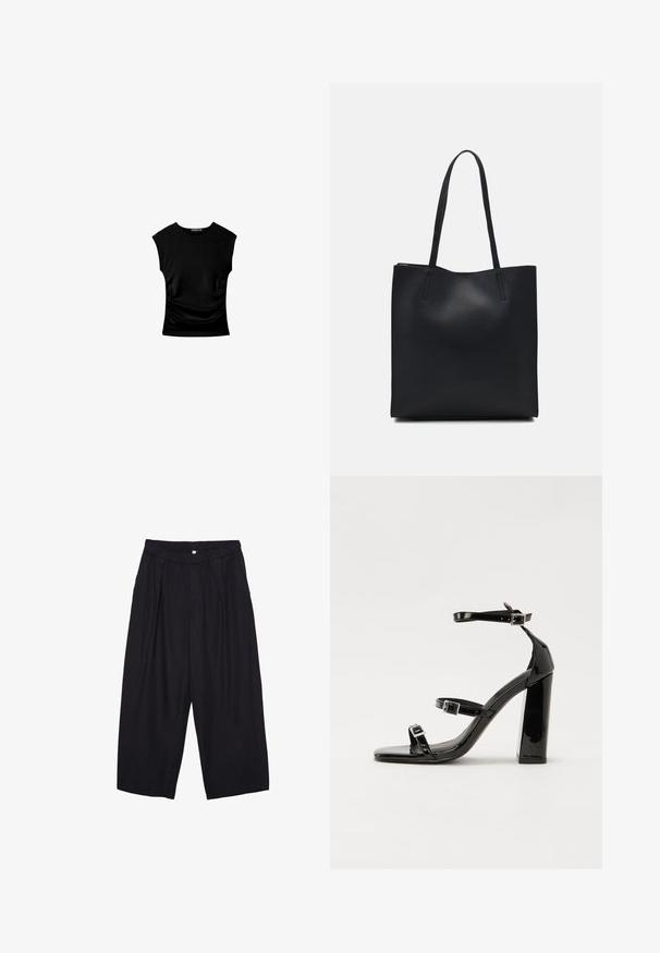 Czarny top z krótkim rękawem o dopasowanym kroju, z marszczonymi detalami po bokach oraz gładkim, elastycznym materiałem dla komfortu.; Czarne spodnie culotte z poliestru z elastycznym pasem, dwoma fałdami z przodu i luźnym krojem. Brak widocznych wzorów lub elementów metalowych.; Czarne lakierowane sandały na obcasie z kwadratowym noskiem, z paskami wokół kostki i srebrnymi klamrami. Posiadają masywny słupek dla stabilności.; Czarna skórzana torba tote o gładkiej fakturze, prostokątnym kształcie i dwóch długich uchwytach. Brak widocznych elementów metalowych i ozdób.