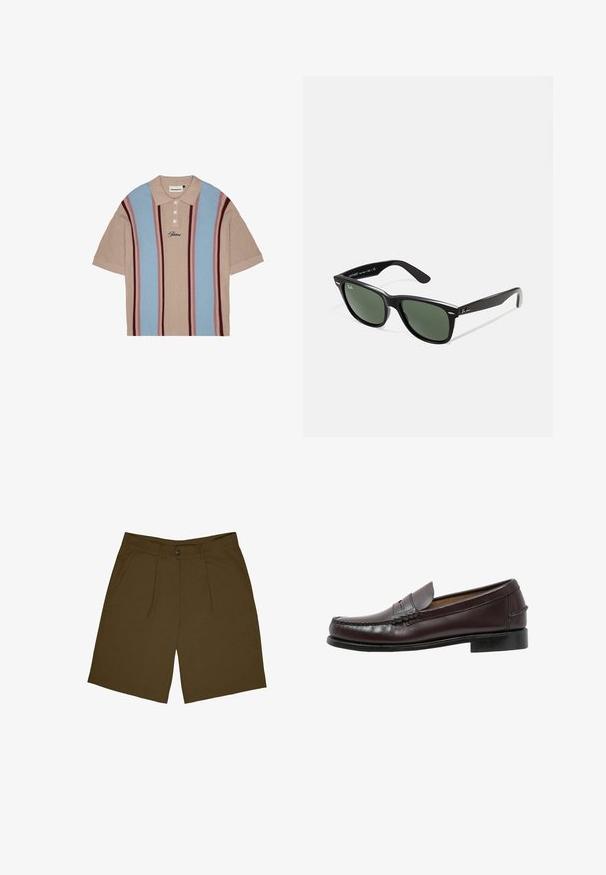 Kortærmet polo t-shirt med en beige bund, prydet med blå og burgunder lodrette striber, tekstureret stof, tre-knaps knaplukning og broderet logo.; Brune plisserede shorts med flad front, to sidelommer og knaplukning. Stoffet virker let med en glat tekstur.; Sebago CLASSIC DAN - Business loafers - cordo; Sorte plastiksolkaber med grønne linser, firkantede stel, sølvaccent på brynene og teksturerede templede arme. Angivet mærke på den indre arm.