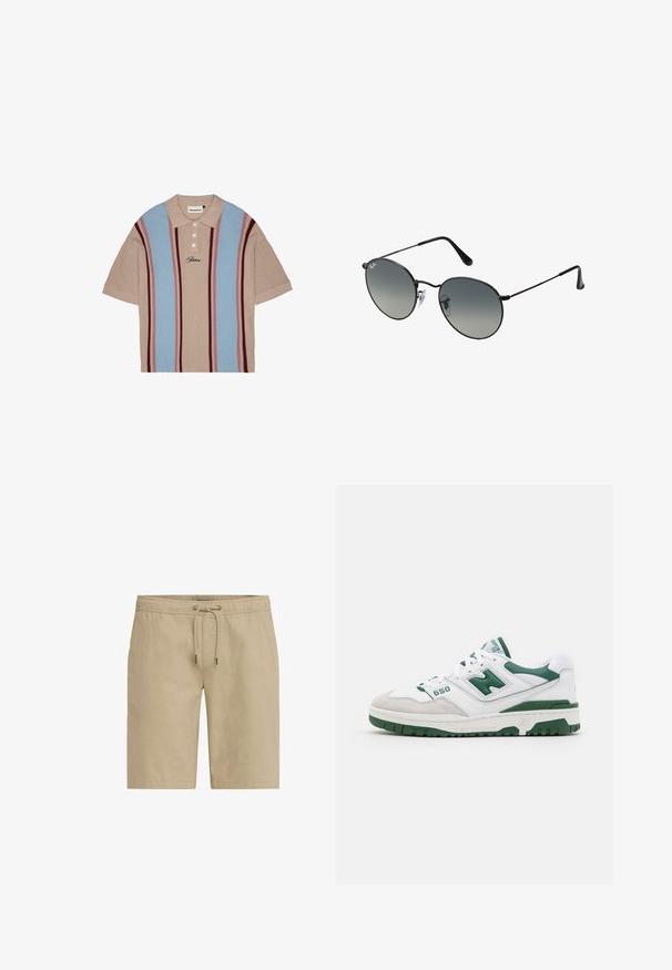Polo tričko s krátkym rukávom v béžovej farbe, s modrými a vínovými vertikálnymi pruhmi, textúrovanou tkaninou, s tri tlačidlami na zapínanie a vyšitým logom.; Béžové šortky vyrobené z mäkkej látky, s elastickým pásom na šnúrku a bočnými vreckami, navrhnuté so rovnými nohavicami.; Biele športové topánky s zelenými akcentmi, textúrovaná koža a semiš, perforované detaily, polstrovaný golier a gumová podrážka. Číslo modelu 550.; Čierne metalické slnečné okuliare s okrúhlymi gradientovými šošovkami, s tenkými stranami a priehľadnými nosovými poduškami pre pohodlné nosenie.