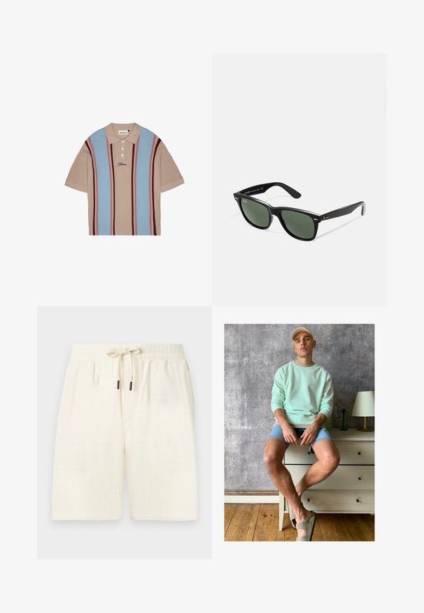 Short-sleeve polo shirt with a beige base, featuring blue and burgundy vertical stripes, textured fabric, three-button placket, and embroidered logo.; Cream-colored shorts made of textured fabric with a check pattern. Features an elastic waistband with a drawstring and two side pockets.; Mint green sweatshirt, denim shorts, and olive green slip-on shoes. Sitting on a light-colored chest of drawers against a textured gray wall.; Black plastic sunglasses with green lenses, square frames, silver accent on the brow, and textured temple arms. Stated brand on inner arm.