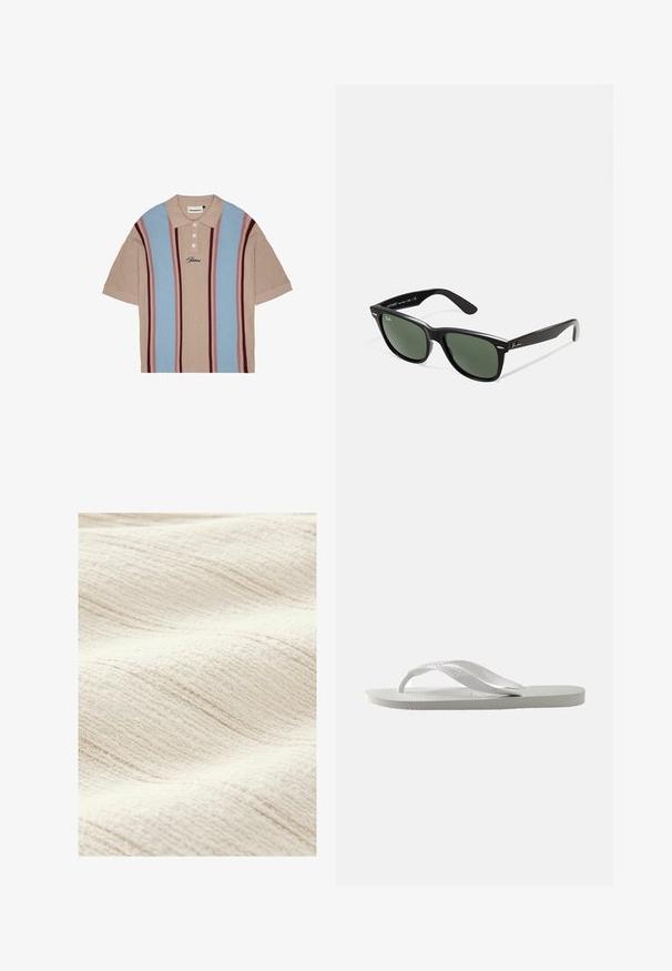 Kurzarm-Polohemd mit beiger Basis, versehen mit blauen und burgunderfarbenen vertikalen Streifen, strukturiertem Stoff, einer Drei-Knopf-Leiste und besticktem Logo.; Texturiert, cremefarbenes Gewebe mit einem subtilen Wellenmuster. Die Oberfläche erscheint weich und weist feine, unregelmäßige Linien auf, die zusätzliche Tiefe erzeugen.; Weiße Flip-Flops mit einer strukturierten Sohle und zwei schmalen Riemen. Die Riemen sind glatt mit dezentem Branding. Keine Muster oder zusätzlichen Akzente.; Schwarze Plastiksonnenbrille mit grünen Gläsern, quadratischen Rahmen, silbernem Akzent auf der Augenbraue und strukturierten Bügeln. Angegebene Marke auf dem inneren Bügel.
