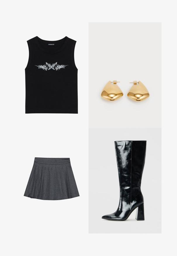 Mustaton, ilman hihoja oleva toppi, joka on valmistettu puuvillasta; siinä on metallinen hopeinen perhonen ja heimo-kuvio design rinnan alueella. Pyöreä pääntie.; Harmaa raitapaita skater-hame, jossa on tiukka vyötärö, levenevä A-linjainen muoto ja pehmeä kangasrakenteen. Pystysuorat viivat lisäävät visuaalista kiinnostavuutta.; Mustat polven yli yltävät saappaat kiiltävää nahkaa, joissa on teräväkärkinen muoto ja paksut, geometriset korot, joissa on sileä pinta.; Kultaiset metallikorvakorut, joissa on sileä, pyöreä kolmion muoto ja postitaustasuunnittelu; heijastava pinta, jossa on minimaalinen yksityiskohtien määrä.