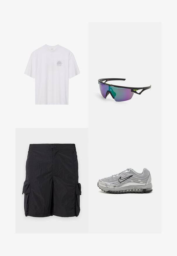 Weißes Baumwoll-T-Shirt mit kurzen Ärmeln, das ein schwarzes Sonnenmotiv auf der linken Brustseite und den Text "NAVIGATE THE COSMOS" darunter zeigt.; Schwarze Cargo-Shorts aus leichtem, strukturiertem Stoff. Mit zwei Seitentaschen, einem Frontverschluss und einem geraden Schnitt.; Graue Nike Air Max Sneakers mit einem Obermaterial aus Mesh und Synthetik, wellenförmigem Design, schwarzen Akzenten und einer sichtbaren Luftpolsterung.; Sportsonnenbrille mit einem schwarzen Rahmen, großen Verlaufslinsen in lila und grünen Farbtönen sowie winkeligen Designelementen mit Logodetails.