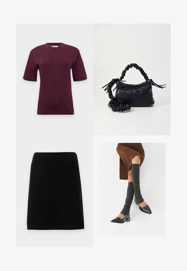 Lyhythihainen viininpunainen t-paita, joka on valmistettu sileästä puuvillakankaasta. Paidassa on pyöreä kaula-aukko ja huomaamatonta saumatusta etuosassa.; Mustat mini-hameet, jotka on valmistettu pehmeästä kankaasta, suora leikkaus ja saumaamaton vyötärö, ilman näkyviä kiinnityksiä tai kuvioita.; Musta lakattu nahkakengät teräväkärkisillä, leveällä kantapäällä ja nilkkahihnalla, yhdistettynä harmaisiin ribattuihin säärystimiin ja ruskeaan mokkasiinimekkoon.; Must-have mustekahvi nahkalaukku krokotiiliaistalla, kiristetty yläosa ja rypistetty hihna. Näyttää pehmeältä ja kompaktilta muotoilultaan.