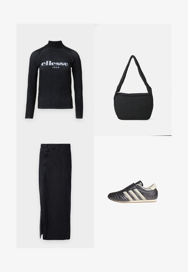 Cămașă neagră cu mâneci lungi și guler înalt, având un logo alb imprimat "ellesse 1959" pe piept; material neted și elastic.; Fustă din denim negru cu talie înaltă, având o fanta pe lateral și un design clasic cu cinci buzunare. Textură netedă și siluetă dreaptă.; Adidași din piele neagră și gri, cu vârf rotunjit, design de tip slip-on și trei dungi albe ca accent pe lateral. Talpă plată din cauciuc.; Geantă de umăr neagră cu o textură căptușită, formă rotundă și un bretele lată, având un logo embosat pe față.