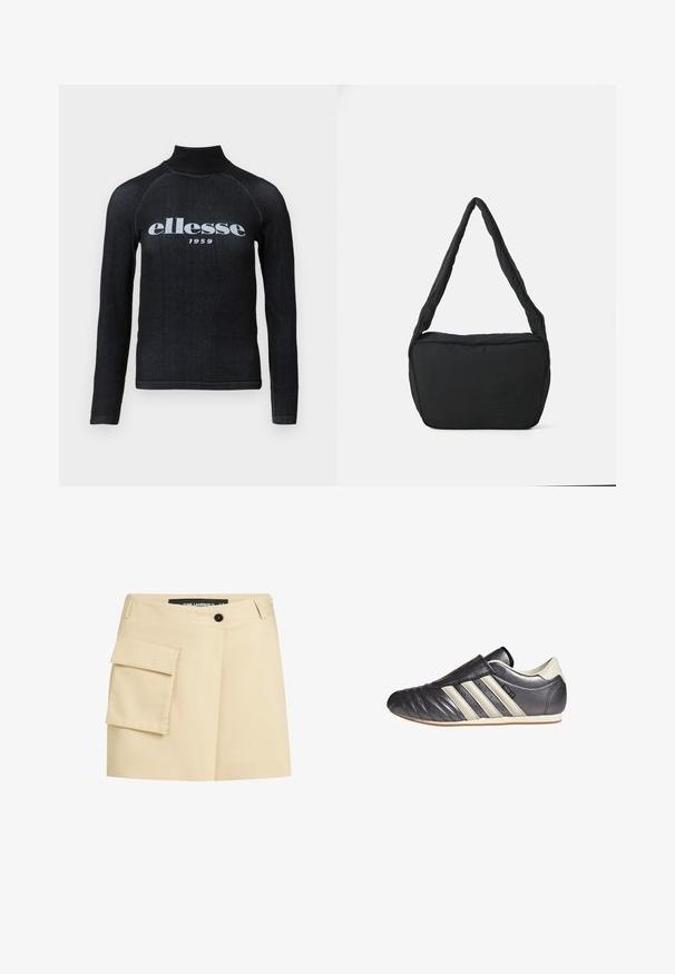 Melna garām piedurknēm blūze ar augstu apkakli, ar baltu uzdrukātu "ellesse 1959" logo uz krūtīm; gluda, elastīga auduma.; Bežs svārks ar pieguļošu jostasvietu, priekšējo pogu aizdari un cargo kabatu kreisajā pusē. Gluda auduma ar piegriezumu dizainu.; Melnas un pelēkas ādas sporta kurpes ar noapaļotu pirkstu, bezsiksnu dizainu un trim baltām akcenta svītrām sānos. Plakans gumijas zole.; Melnas plecu soma ar mīkstu tekstūru, apaļu formu un plašu siksnu, ar uzspiestu logotipu priekšpusē.
