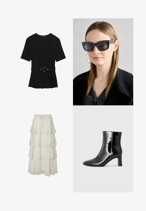 Top preto de mangas curtas, feito de material suave, com design peplum e uma cintura cinto com dois botões redondos em tom prateado.; Saia branca em camadas com bolinhas pretas, apresentando um cós elástico e fecho com cordão. Tecido leve com bainha com frufru.; Botim de tornozelo em pele sintética preta com bico apontado e salto bloco de altura média. Textura suave e design minimalista.; Óculos de sol pretos em formato de gato com lentes escuras, armações grossas e acentos subtis. Usados com um casaco preto e uma blusa cinza, apresentando cabelo longo e liso.