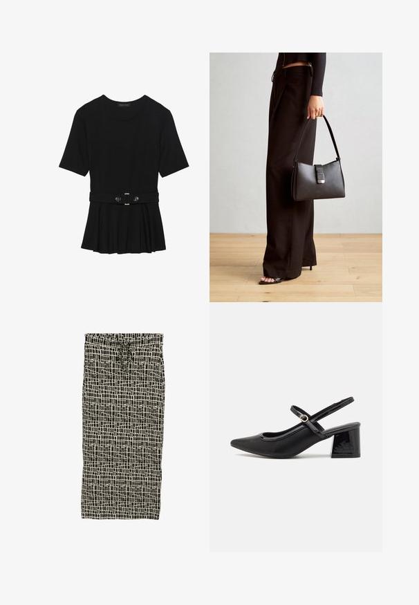 Sort kortærmet top lavet af glat materiale, med en peplum-design og en bælte i taljen med to runde, sølvfarvede knapper.; Sort og cremefarvet mønstret nederdel med en snoretræk i taljen, prydet med et gitterlignende design og en blød, glat tekstur.; Sorte patentlæder slingback hæle med spids tå, rund udskæring og blokhæl. Har en guldtonet spændeaccents.; Sort håndtaske med struktureret form, glat overflade og metalspænde. Sammen med brede sorte bukser og sandaler med åben tå på trægulv.