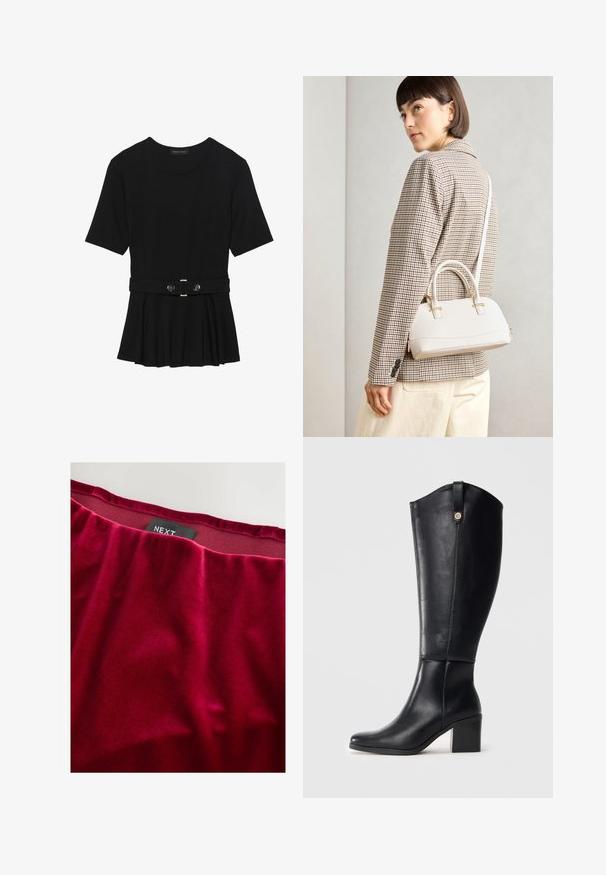 Fekete, rövid ujjú felső sima anyagból, peplum fazonnal és övvel a deréknál, két kerek, ezüst árnyalatú gombbal.; Piros bársonyos szövet, sima textúrával, mégpedig redőzött derékrésszel. A "NEXT" márkajelzés a felső szélnél látható.; Fekete, térd fölé érő bőrcipők négyzet alakú orral és tömb sarkal. Oldalsó varrással és dekoratív fém kiegészítővel a tetején.; Fehér, strukturált kézitáska rövid füllel és vállpánttal, arany színű fém kiegészítőkkel és texturált anyagból, szürke háttér előtt bemutatva.