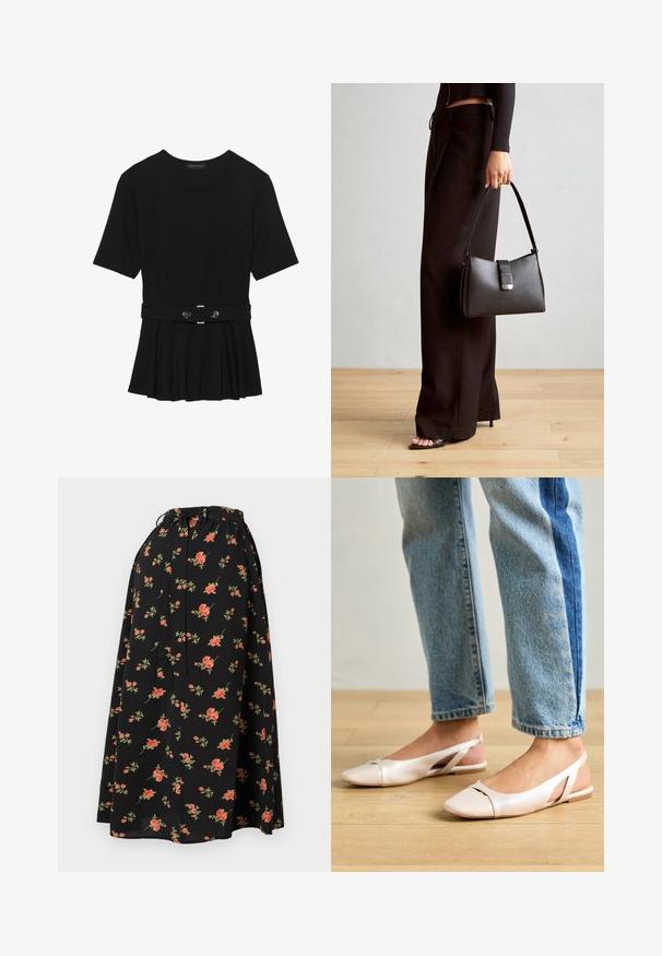 Svart kortärmad topp i slätt material med peplumdesign och bälte i midjan, prydd med två runda knappar i silverfärg.; Svart blommig kjol med dragsko i midjan, prydd med röda och gröna blommönster och en flytande, lätt textur.; Ljust rosa slingback-lägenheter med spetsig tå, tillverkade av ett slätt läderliknande material. Har utskurna detaljer på sidorna och en platt häl.; Svart handväska med strukturerad form, slät yta och metallspänne. Matchad med vida svarta byxor och sandaler med öppen tå på trägolv.