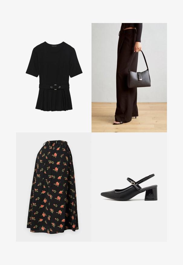 Haut noir à manches courtes fabriqué en matériau lisse, avec un design peplum et une taille ceinturée ornée de deux boutons ronds en métal argenté.; Jupe noire à motifs floraux avec une taille à cordon, ornée de motifs de fleurs rouges et vertes, et d'une texture légère et fluide.; Escarpins slingback en cuir verni noir avec un embout pointu, un design à découpes arrondies et un talon carré. Présente un accent de boucle en ton doré.; Sac à main noir à la forme structurée, texture lisse et fermoir métallique. Associé à un pantalon noir ample et des sandales ouvertes sur un sol en bois.