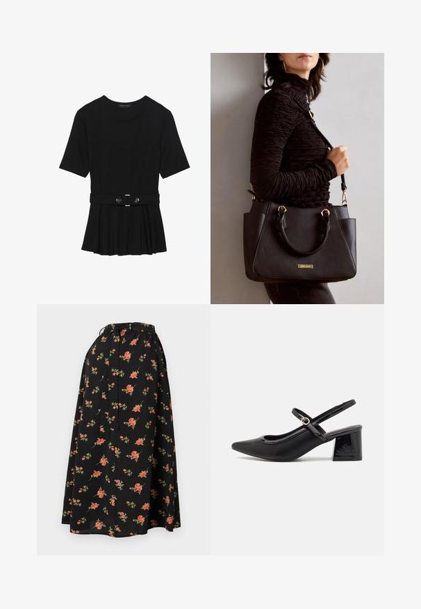 Must mustriga lühikeste varrukatega tipp, valmistatud siledast materjalist, millel on peplum-disain ja vöödiga talje, millel on kaks ümmargust, hõbedase tooni nuppu.; Must mustriba mustre kraaniga, kus on punased ja rohelised lillede mustrid ning voolav ja kerge tekstuur.; Mustad läikivad nahast slingback-kõrged kontsad, millel on terav nina, ümar lõikekujundus ja blokknina. Omab kuldset nupu aktsenti.; Musthave must kott, millel on tekstuurne pind, kaks ülemist käepidet ja reguleeritav õlarihm. Omab kuldse tooni riistu ja külgtaskuid.