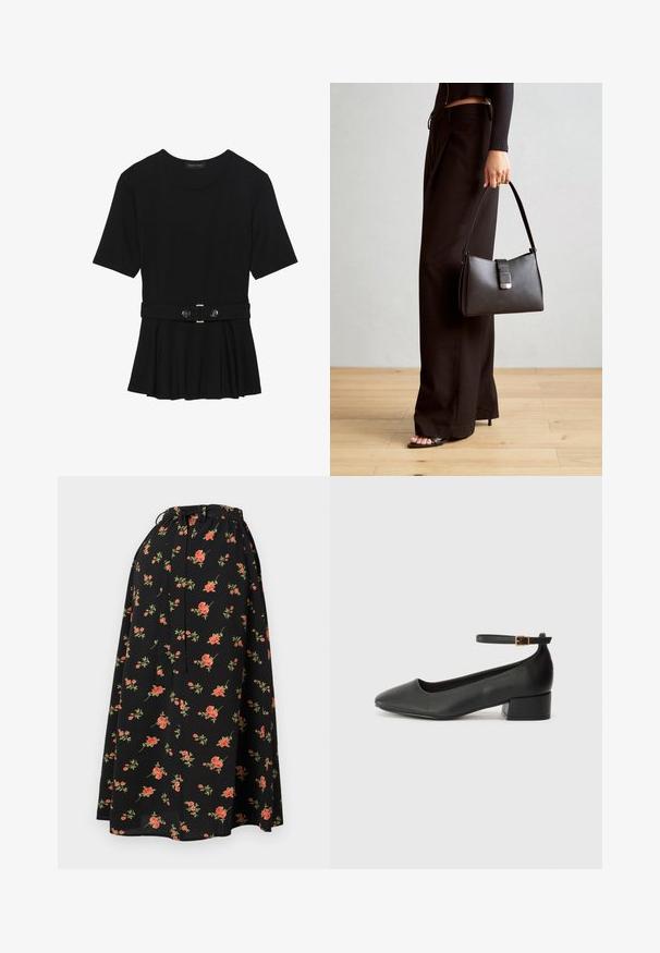 Top negru cu mâneci scurte, realizat dintr-un material neted, cu un design peplum și o talie beltată cu două butoane rotunde de culoare argintie.; Fustă neagră cu flori, cu talie ajustabilă prin șnur, având modele de flori roșii și verzi și o textură ușoară, fluidă.; Pantof cu toc negru din piele, cu vârf ascuțit și toc mic pătrat. Dispune de o curea la gleznă cu o cataramă în tonuri de aur. Textură netedă.; Genți negre cu o formă structurată, textură netedă și un închizător metalic. Asortată cu pantaloni negri largi și sandale cu vârf deschis pe un podea din lemn.