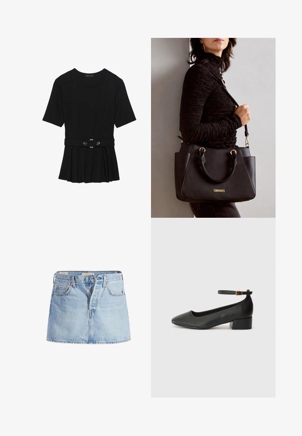 Must mustriga lühikeste varrukatega tipp, valmistatud siledast materjalist, millel on peplum-disain ja vöödiga talje, millel on kaks ümmargust, hõbedase tooni nuppu.; Hele sinine teksaseelik, sobiva vöökohaga, viie taskuga, esipoolne nupplukuga ja kerge fade'iga kogu kangas.; Must mustaapp, millel on terav nina ja madal blokk-kand. Omab pahkluu rihma koos kuldse tooni pandlaga. Sile tekstuur.; Musthave must kott, millel on tekstuurne pind, kaks ülemist käepidet ja reguleeritav õlarihm. Omab kuldse tooni riistu ja külgtaskuid.