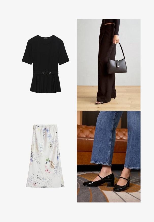 Schwarzes Kurzarmoberteil aus glattem Material, mit einem Peplum-Design und einem taillierten Bund, der mit zwei runden, silberfarbenen Knöpfen ausgestattet ist.; Desigual WITH STROKES - Maxirock - beige; Schwarze Lackleder-Pumps mit spitzem Zehenbereich, Blockabsatz und Knöchelriemen, getragen mit weit geschnittenen Jeans auf einem gemusterten Teppich.; Schwarze Handtasche mit strukturierter Form, glatter Textur und einem metallischen Verschluss. Kombiniert mit weiten schwarzen Hosen und offenen Sandalen auf einem Holzboden.