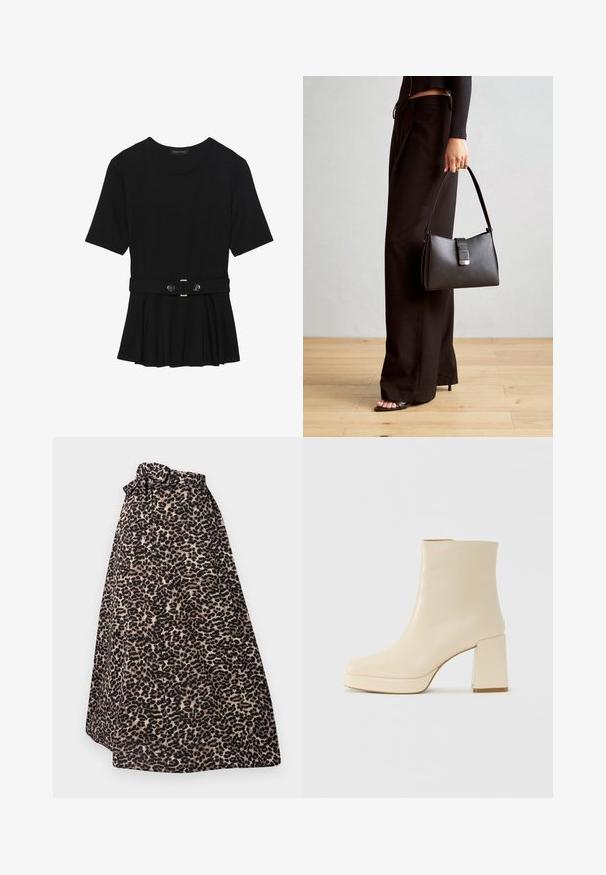 Juodas trumpomis rankovėmis viršus, pagamintas iš lygaus audinio, su peplum dizainu ir su diržu juosmenyje, papuoštas dviem apvaliomis sidabro spalvos mygtukais.; Tamsiai rudos ir juodos leopardų rašto maxi sijonas, pagamintas iš minkštos medžiagos, su juosmeniu, kurį galima surišti, ir klostuotais elementais, suteikiančiais laisvą siluetą.; Smėlio spalvos odiniai aulinukai su blokuotu kulnu ir platforma, lygiu paviršiumi ir šiek tiek kvadratiniu nosiu, pasukti kairėn ant balto fono.; Juodas rankinė struktūrizuota forma, lygi tekstūra ir metalinis užsegimas. Suporuota su plačiomis juodomis kelnėmis ir atvirais bateliais ant medinių grindų.